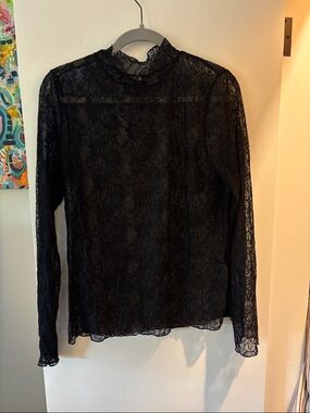 Anthropologie Black Floral Lace Long-Sleeve Mock Neck Top  - size L